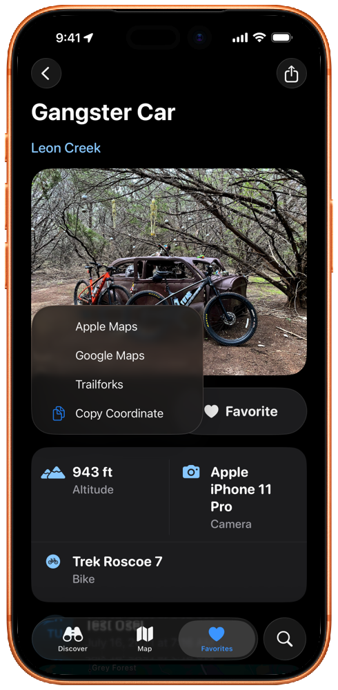 Navigation menu with Apple Maps, Google Maps, and Trailforks