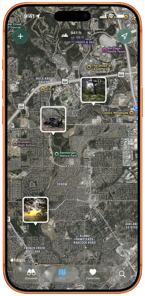 Map view with photo pins for nearby trails