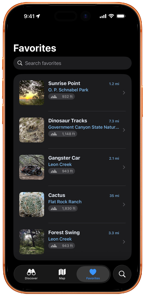 Favorites list with saved trail photos