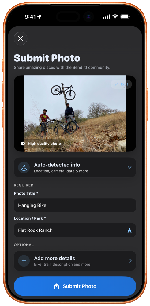 Submit Photo screen with auto-detected location