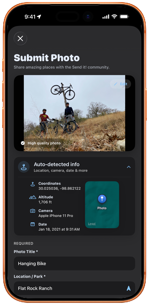 Submit photo with auto-detected coordinates, altitude, and camera